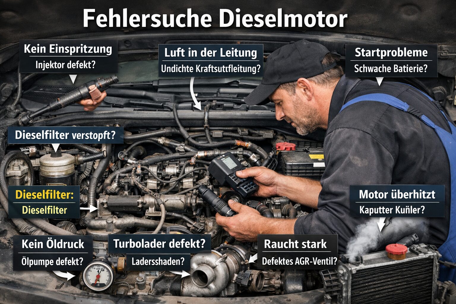 Dieselmotor Fehlersuche, Diesel startet nicht, Luft in Kraftstoffleitung, Injektor defekt, Turbolader Schaden, Diesel raucht stark, Ölverlust Diesel